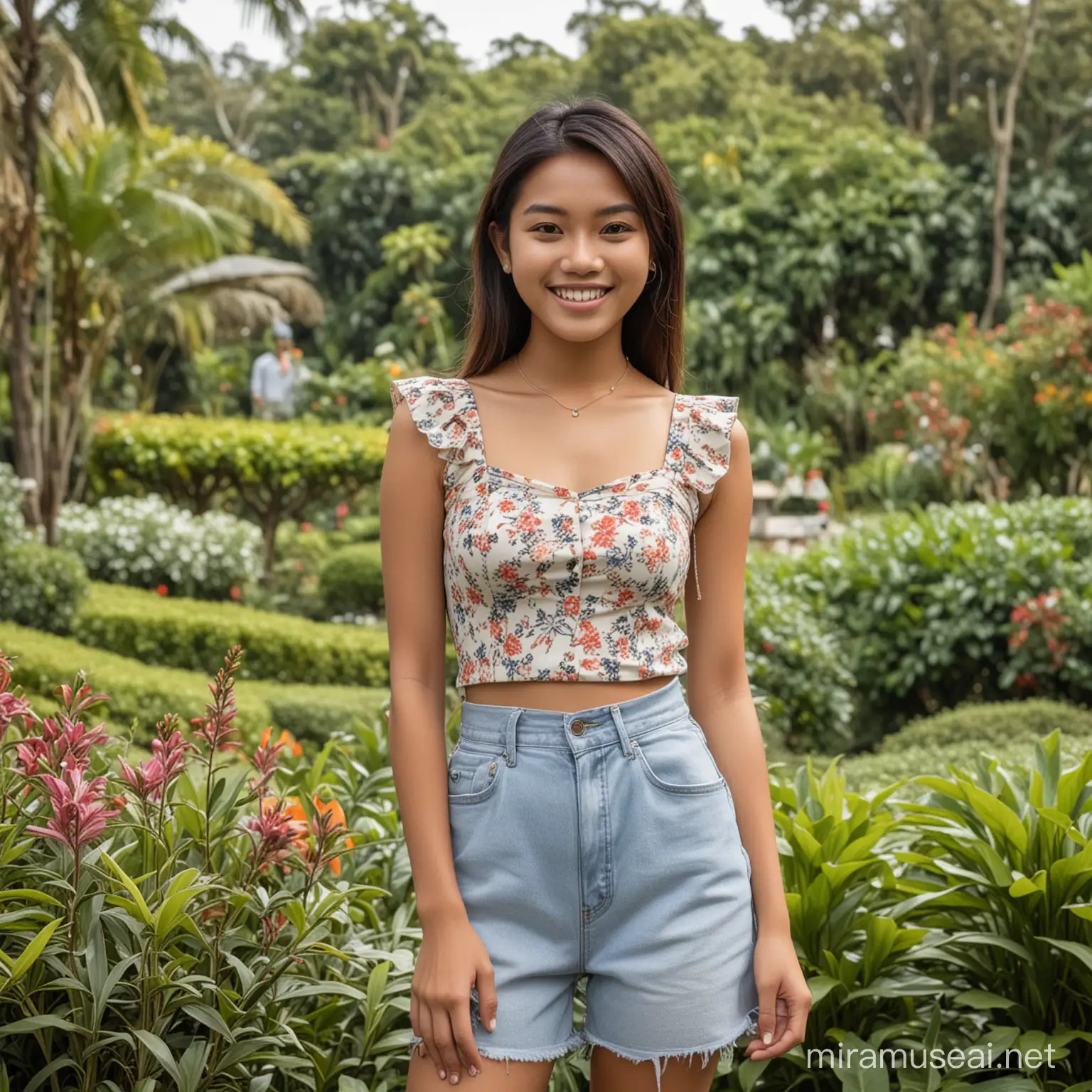 a very beautiful Indonesian teenager aged 21 years, standing wearing a contemporary mix and match celebgram style, posing smiling, tea garden in the background.