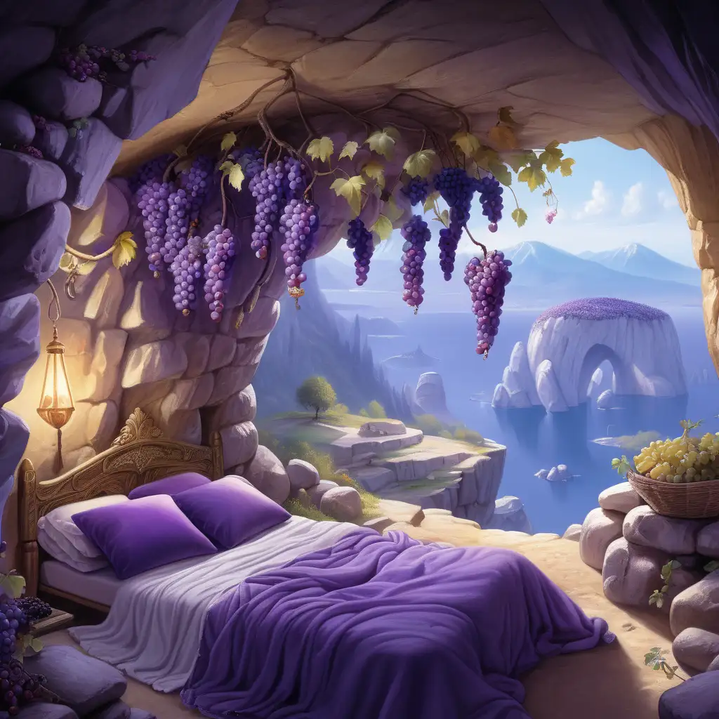 在悬崖的岩洞里，铺着厚厚的床铺，上面有蓬松的白色羽绒被子，四周都是白色的岩石，岩洞里有紫色的小灯，从岩洞外能看到远处的山，近处的果树和花，岩洞的洞口有很多串紫色的小葡萄垂下来，有些掉落在床铺上。整体颜色是紫色、黄色和白色