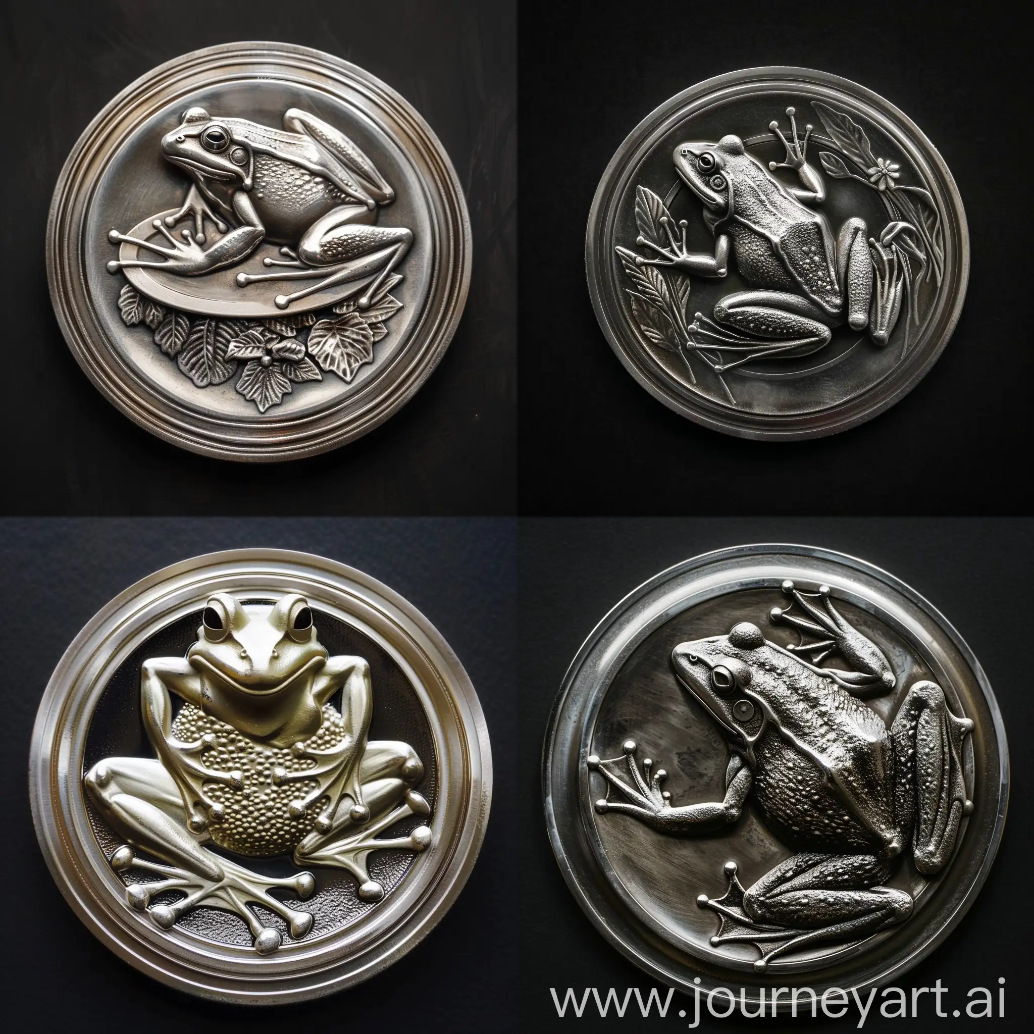 Silver Coin effigy in the form of frog on dinner plate, circular format, black background, bas relief