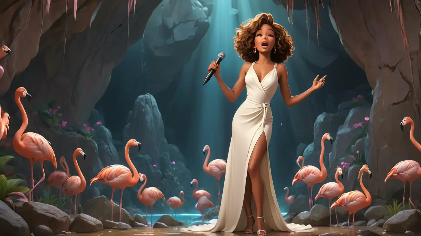 Whitney houston in a dress with slit in heels,  full body, singing into a microphone, in a cave with flamingos behind her rocks at the bottom , pixar style Maya