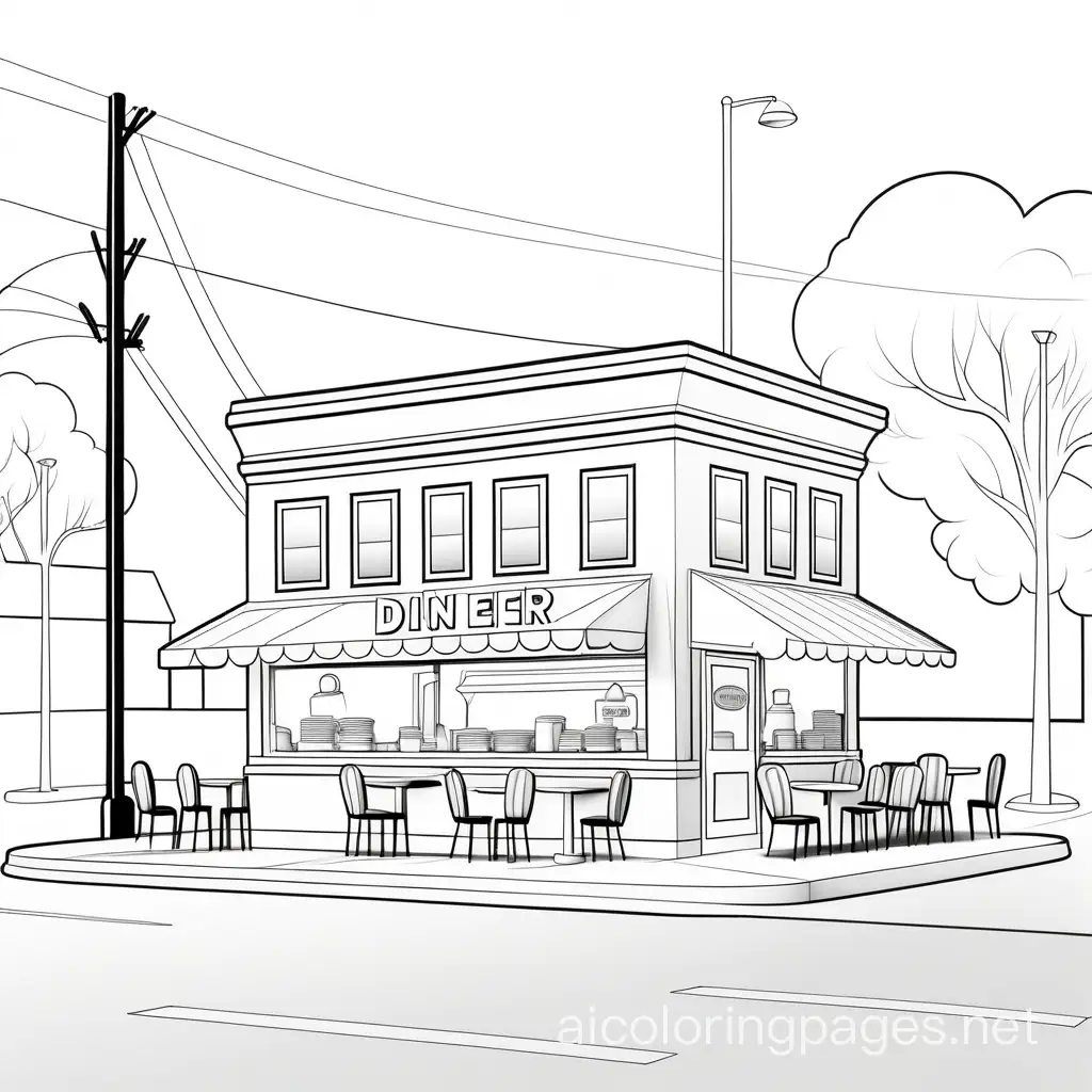 A small town diner, Coloring Page, black and white, line art, white background, Simplicity, Ample White Space. The background of the coloring page is plain white to make it easy for young children to color within the lines. The outlines of all the subjects are easy to distinguish, making it simple for kids to color without too much difficulty