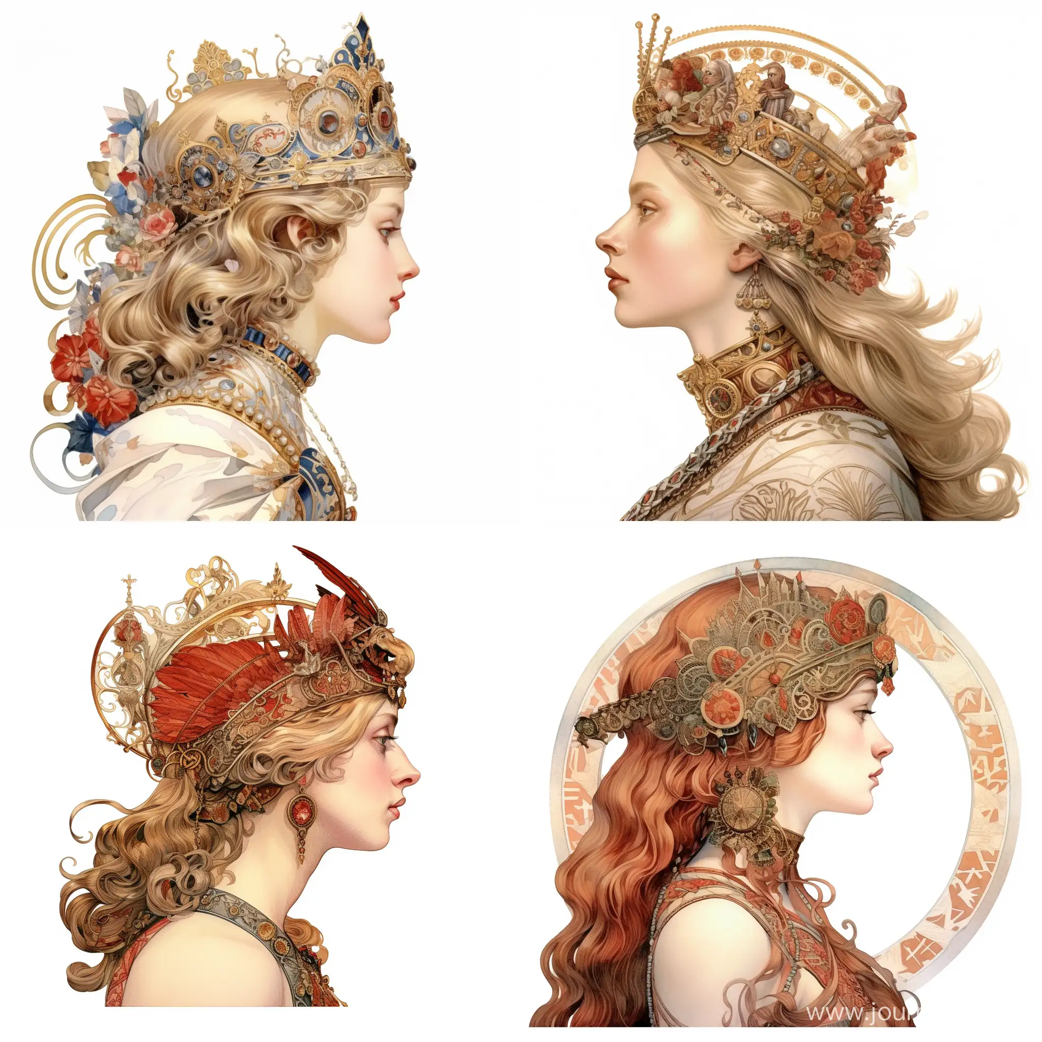 Waist portrait in profile of the queen, crown on her head, in antique royal clothes, in the style of an illustration by James Christensen, on a white background