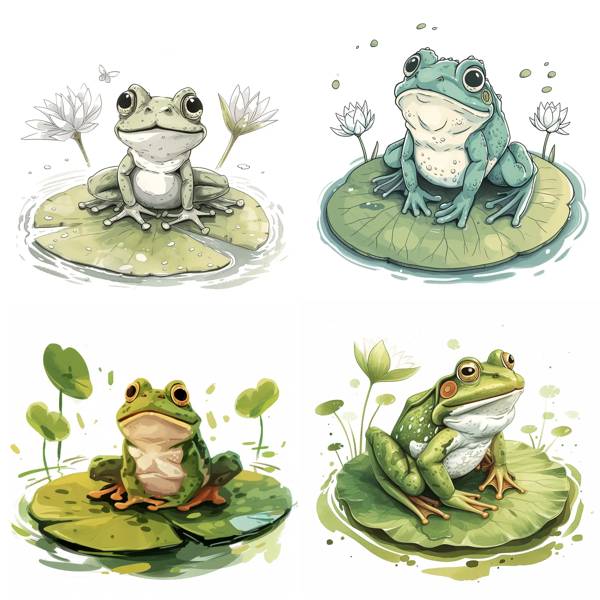 A cute frog on a lily pad in a swamp, many expressions, chubby, funky, swag, close-up, detailed ink illustration, colorful, pixar, isolated on white background, in flat style