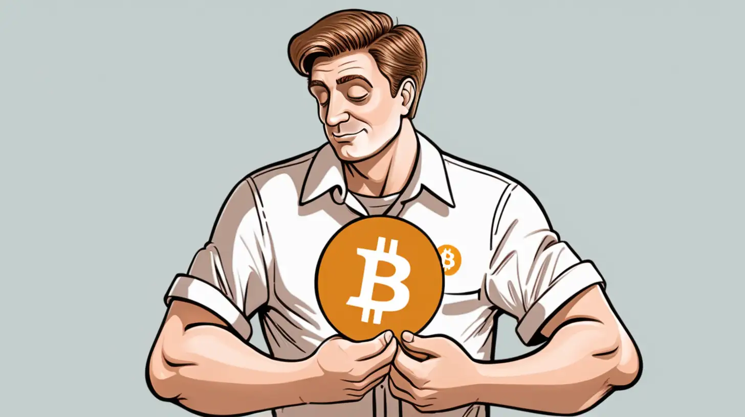 a cartoon man with Cetera on his shirt hold bitcoin delicately. he holds it dearly in his hands