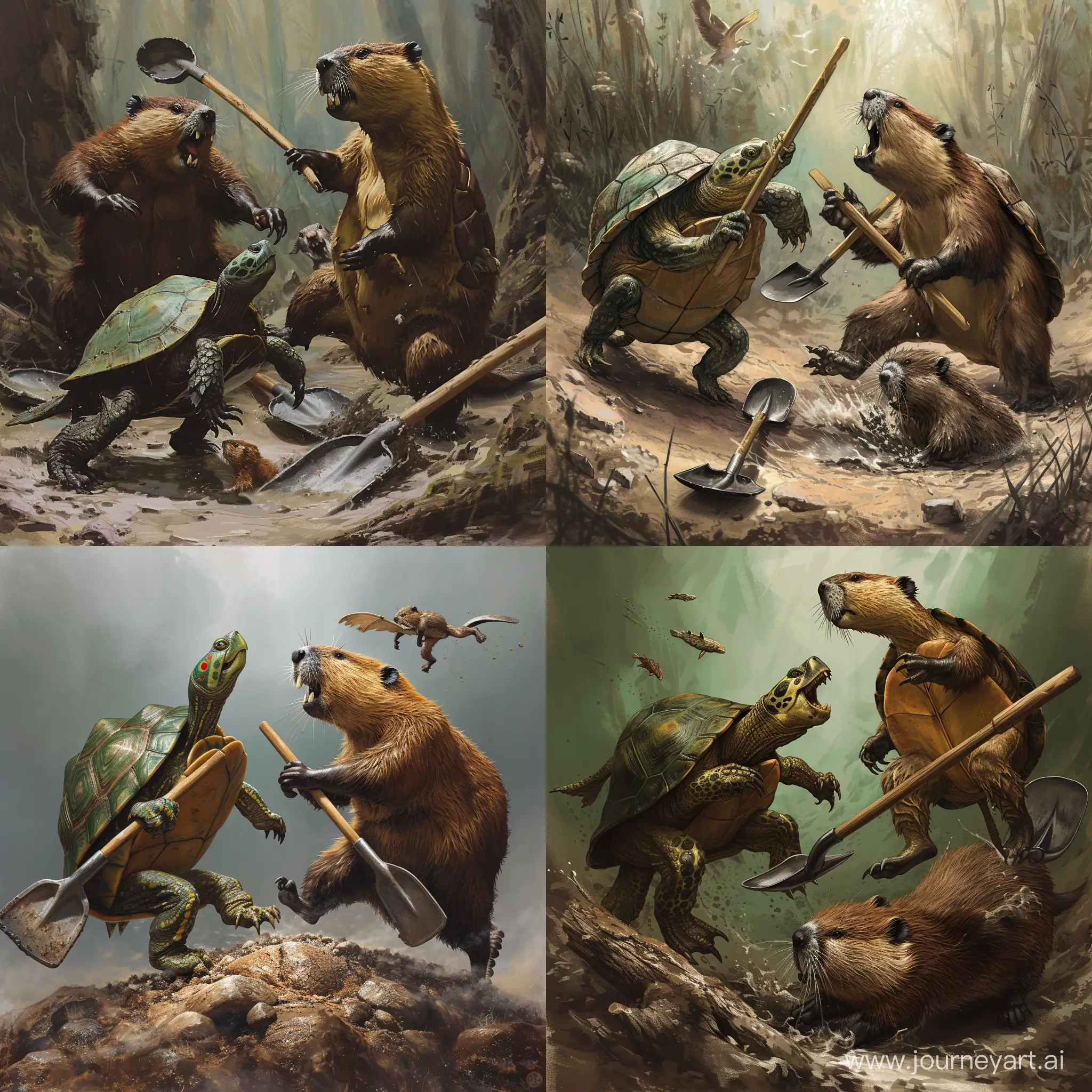 A troglodyte and a turtle hybrid fights a beaver and a sorogos hybrid on shovels --v 6 --ar 1:1 --no 81873