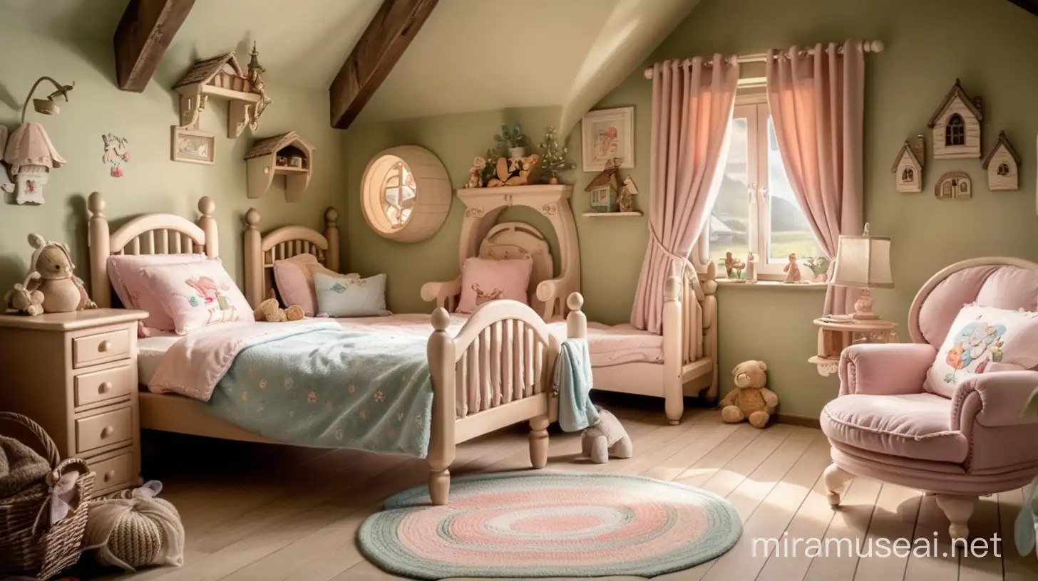 the interior bed  room with one large chair, one medium chair and one small chair for a child of a small cozy cottage in fairytale story style