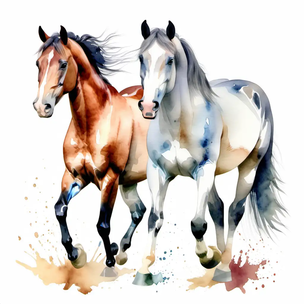 beautiful watercolored horses, full body 2 horses, white background