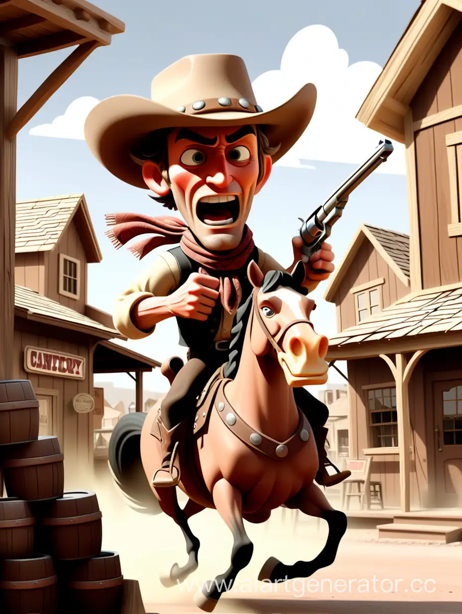 An illustration inspired by classic Western comics, depicting a cartoonish cowboy on horseback galloping through the center of a quaint old Western village. The cowboy, wearing a wide-brimmed hat and a bandana around his neck, is playfully aiming a toy revolver at a wooden sign hanging from the front of a rustic cafe. The village street is lined with wooden buildings featuring saloon-style swinging doors, barrels, and hitching posts. The scene is lively, with a few animated townsfolk in period attire watching from the sidelines, some cheering and others in mock surprise. The atmosphere is light-hearted and humorous, capturing the essence of adventure and the Wild West.