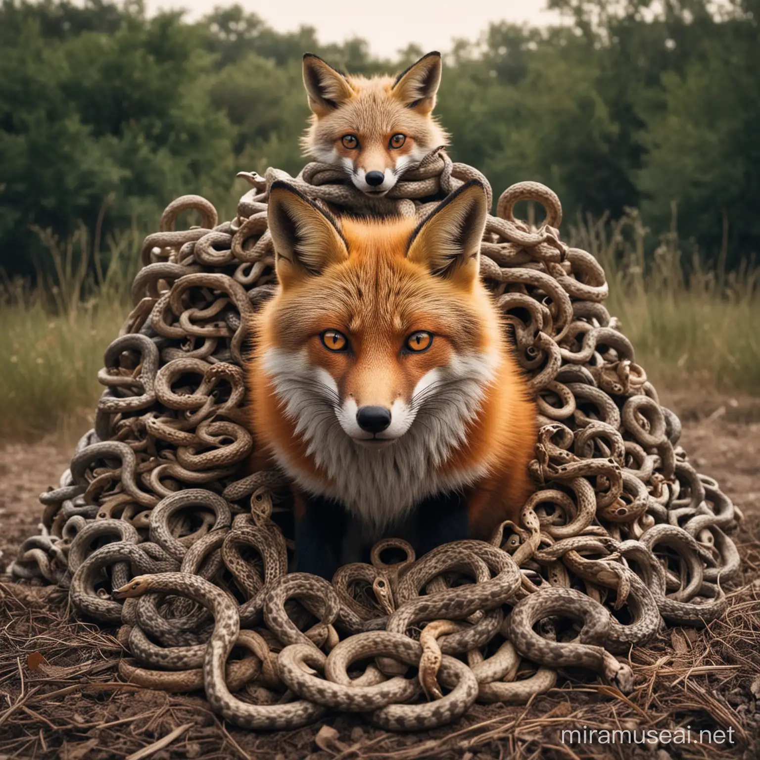 A fox with skull shaped eyes, sitting ontop of a pile of snakes