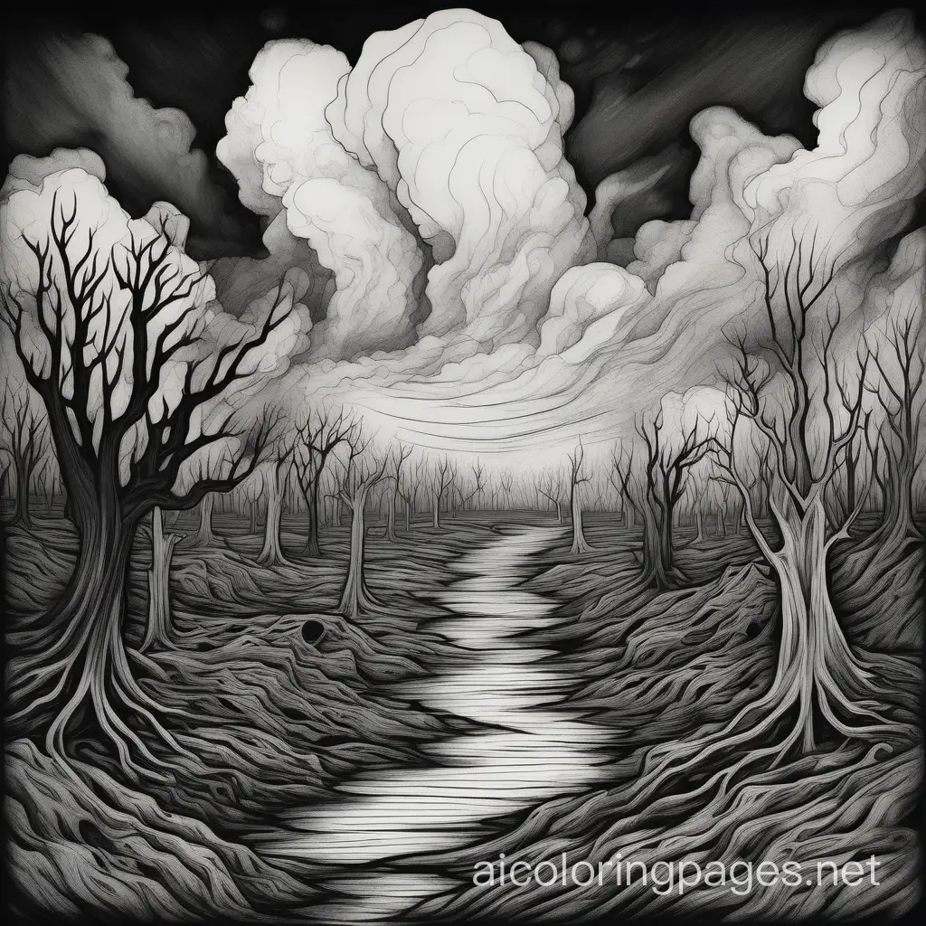 A hauntingly beautiful minimalist ink drawing captures the essence of a solitary figure's face amidst the remnants of a once-thriving landscape. The clean lines and negative space emphasize the purity and simplicity of the scene. The character's intense gaze reveals a mix of sorrow, rage, and unwavering determination. The menacing clouds loom overhead, casting an eerie shadow over the scene, and the scent of smoke and decay lingers in the air. The howling winds moan through the desolate, lifeless landscape. The resolute individual stands tall, embodying the fragility of humanity in the face of devastation. This powerful and thought-provoking artwork serves as a poignant reminder of the urgent need to combat climate change and protect our delicate world., Coloring Page, black and white, line art, white background, Simplicity, Ample White Space. The background of the coloring page is plain white to make it easy for young children to color within the lines. The outlines of all the subjects are easy to distinguish, making it simple for kids to color without too much difficulty