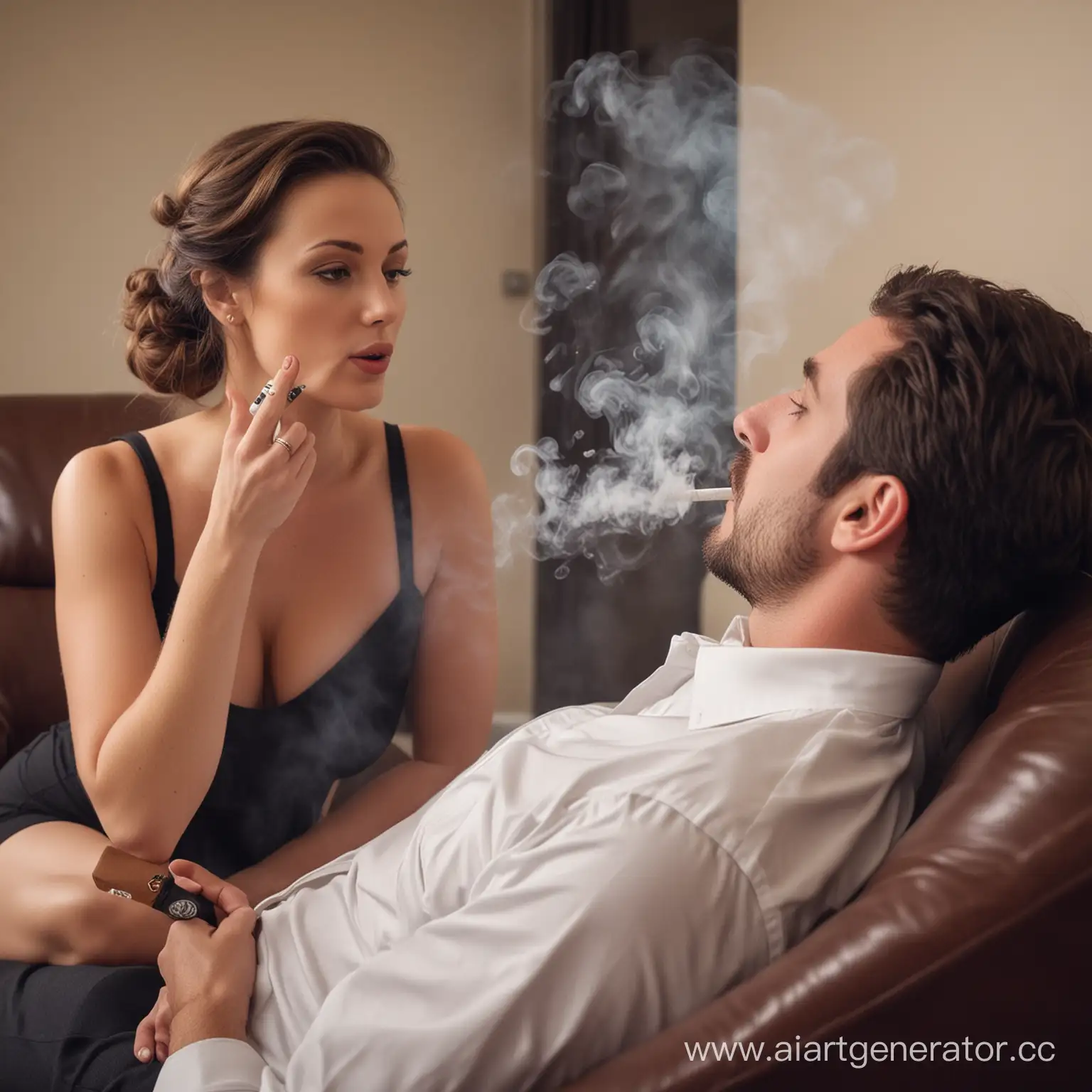 Beautiful woman therapist, with cigarette, blows smoke in male patient's face. Chase lounge. 