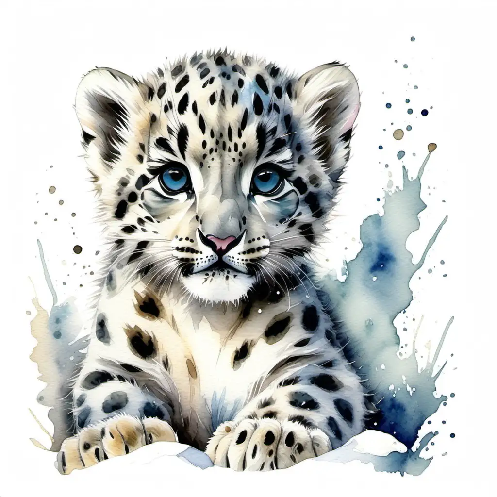 Adorable Baby Snow Leopard Watercolor Art on a Clean White Background