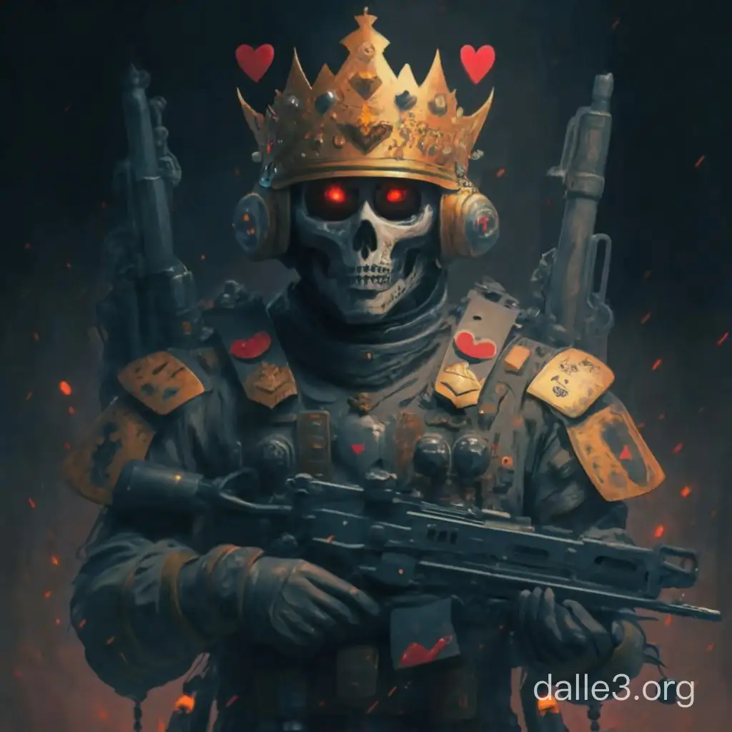 The leader of the army of hearts with machine guns. This leader must have a large crown, scepter, orb and Kalashnikov assault rifle