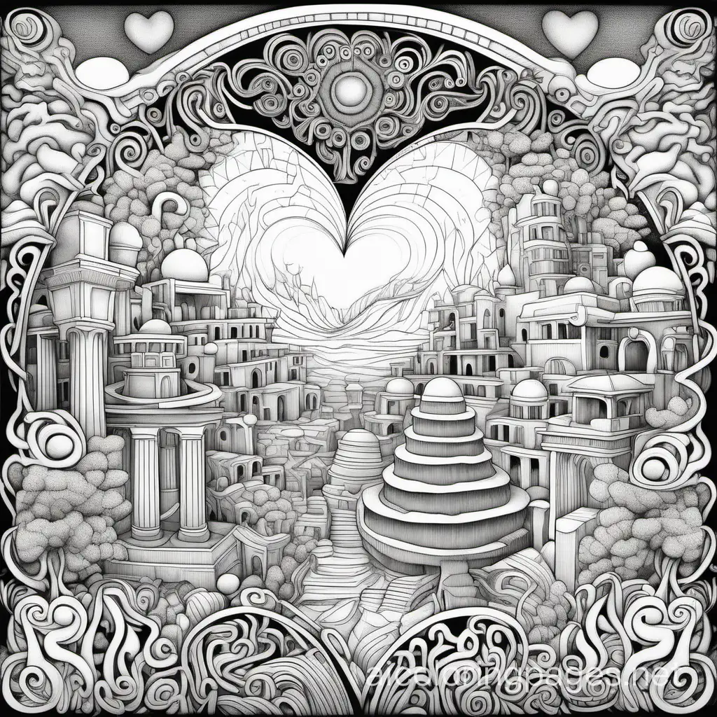 /imagine prompt:a mind blowing masterpiece adult coloring page uncolored coloring page of A psychedelic new media breath-taking uncolored coloring page
 of a surreal and timeless landscape where past, present, and future converge, with ancient ruins, futuristic elements, and mystical symbols forming a tapestry of hearts that transcends boundaries and captures the eternal essence of love.
.. Notable for confrontational brilliance. golden ratio, It explores inkblot perfectly drawn to color Psychedelic art coloring page for adults clean lines clear images black and white no grayscale no shading no dither no color outlined no black solids very well drawn allow to be colored in perfectly drawn by Johanna busford inspired by Mateo
--v 5 --ar 1:1, Coloring Page, black and white, line art, white background, Simplicity, Ample White Space. The background of the coloring page is plain white to make it easy for young children to color within the lines. The outlines of all the subjects are easy to distinguish, making it simple for kids to color without too much difficulty