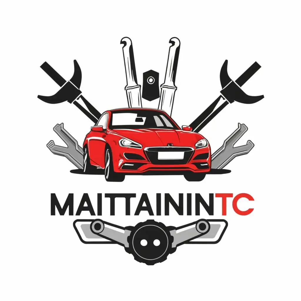logo, Red car with background car tools, with the text "MAINTAINTC", typography