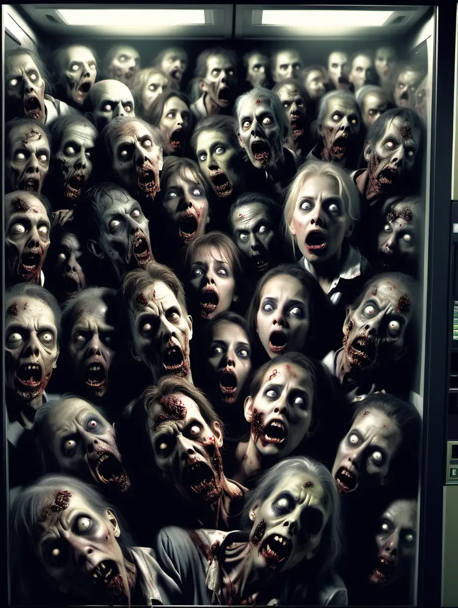 loads of varied zombies , crowding round a vending machine, angle composition somewhat above eyelevel , realistic, Americana zombie