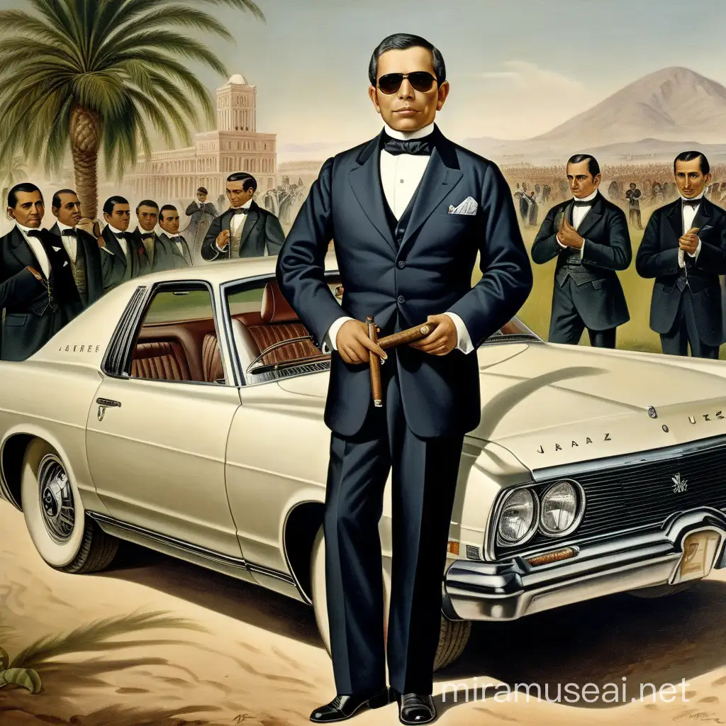 Benito Juárez, the iconic Mexican president and liberal leader of the 19th century, dressed in a custom-tailored suit, Juárez looks impeccable and elegant, with flashy jewelry reflecting his ostentatious wealth. Paired with tailored trousers and designer boots. His hair is perfectly slicked back, and he wears branded sunglasses to complete his luxurious appearance.
Juárez poses in front of a luxurious sports car, a symbol of his success and economic prowess. In his hand, he holds a cigar. The image is a caricature.