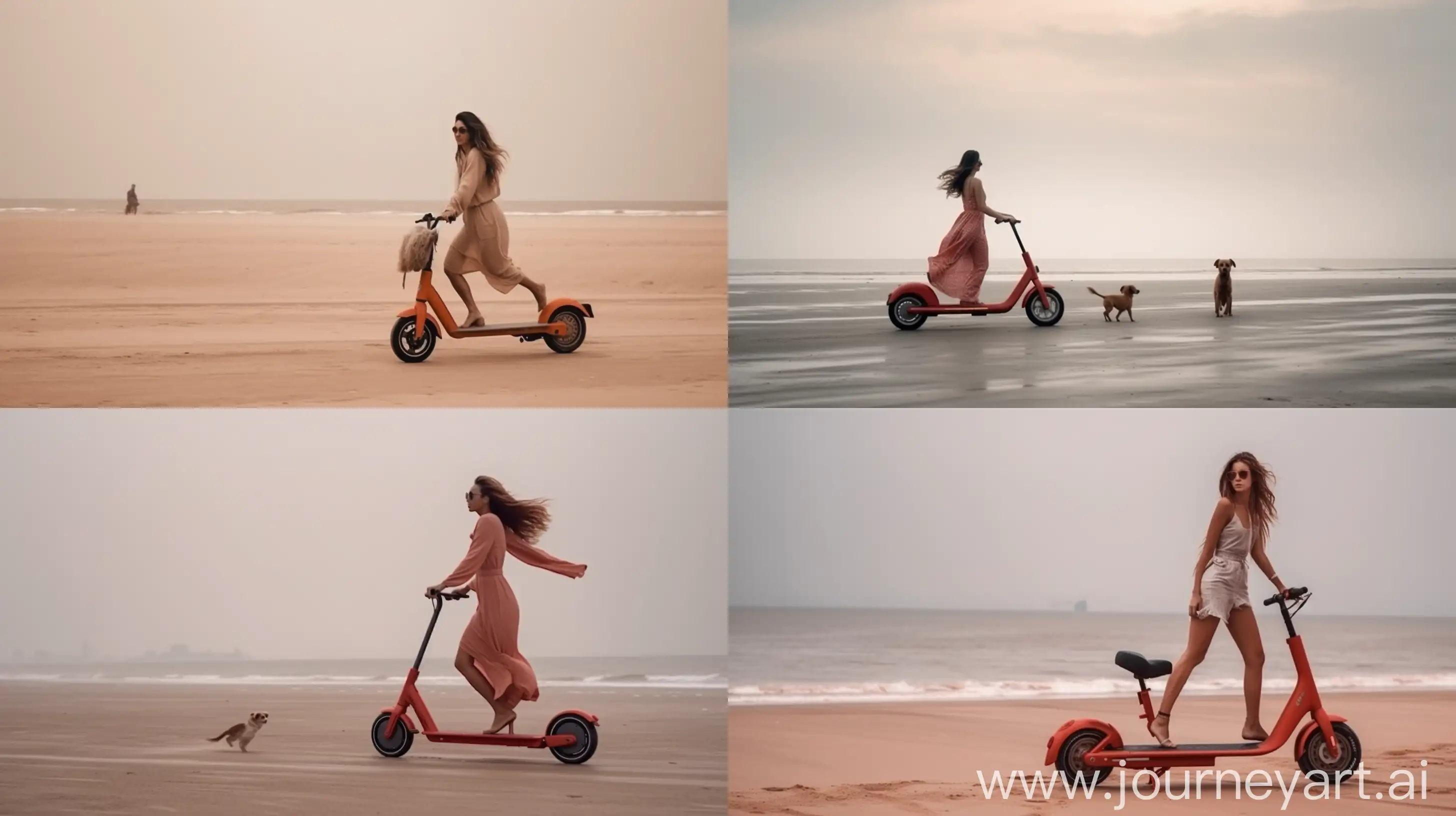 Beach-Road-Scene-Dog-Running-Near-Woman-on-Electric-Scooter