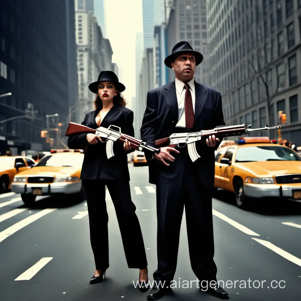 Ганстеры мужчина и женщина в шляпе с автоматом калашникова стоят на улице Нью-Йорк . Идут люди и кричат. Видно небоскрёбы 