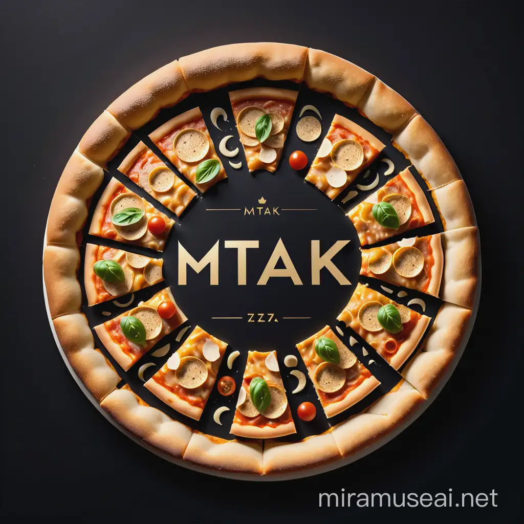 The design of a golden pizza with a black background with the word "MTAK" written in the middle of the logo in gold color with Latin font.