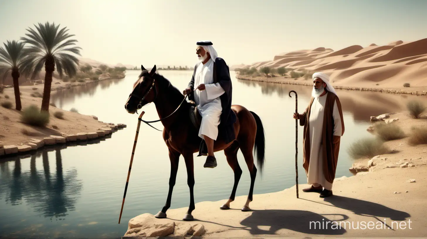 Arabic Elderly Man with Walking Stick Standing by Water in Presence of King on Horse