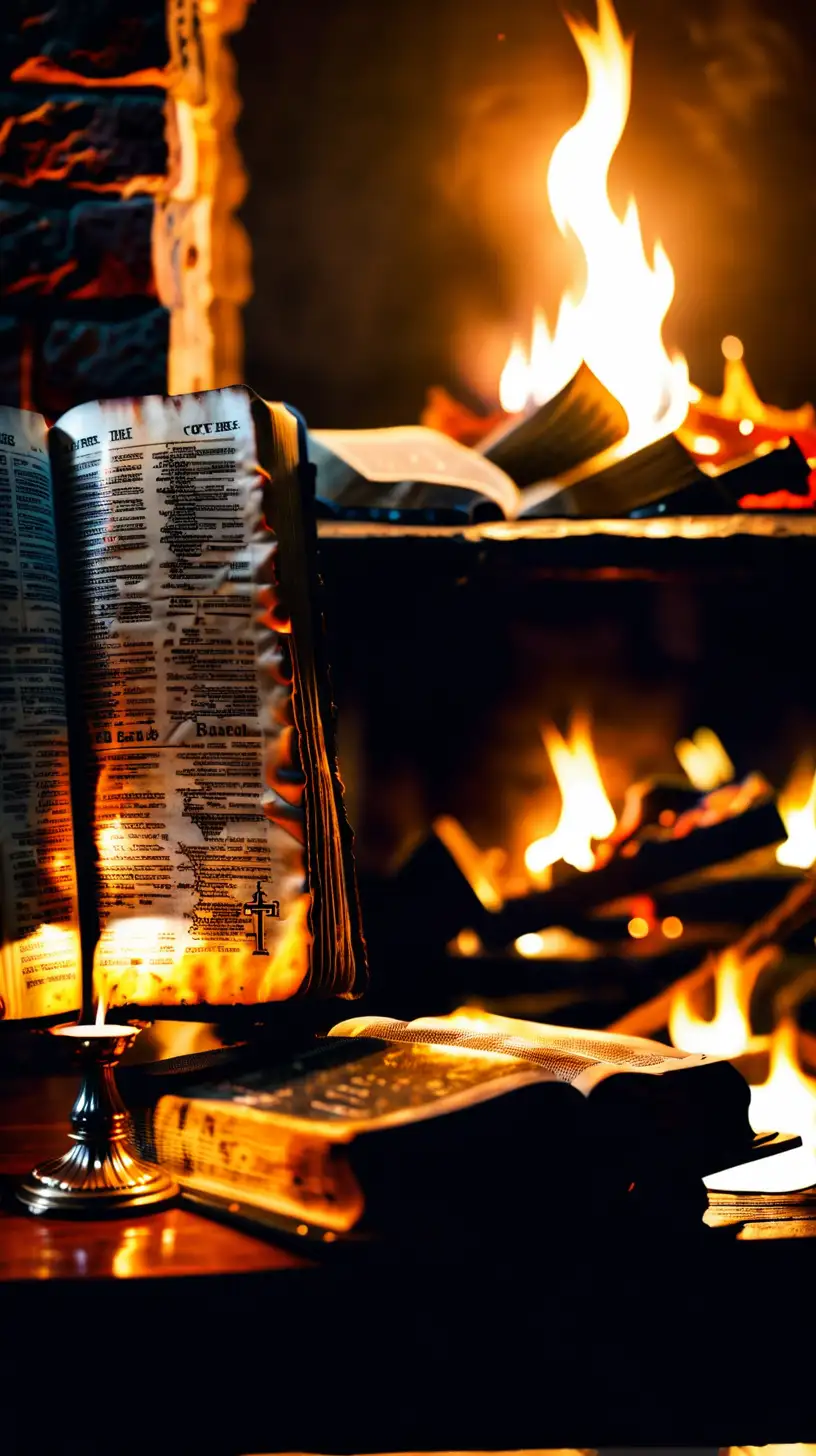 Close up of Bible open on desk in dark with light from lamp and fire place in background