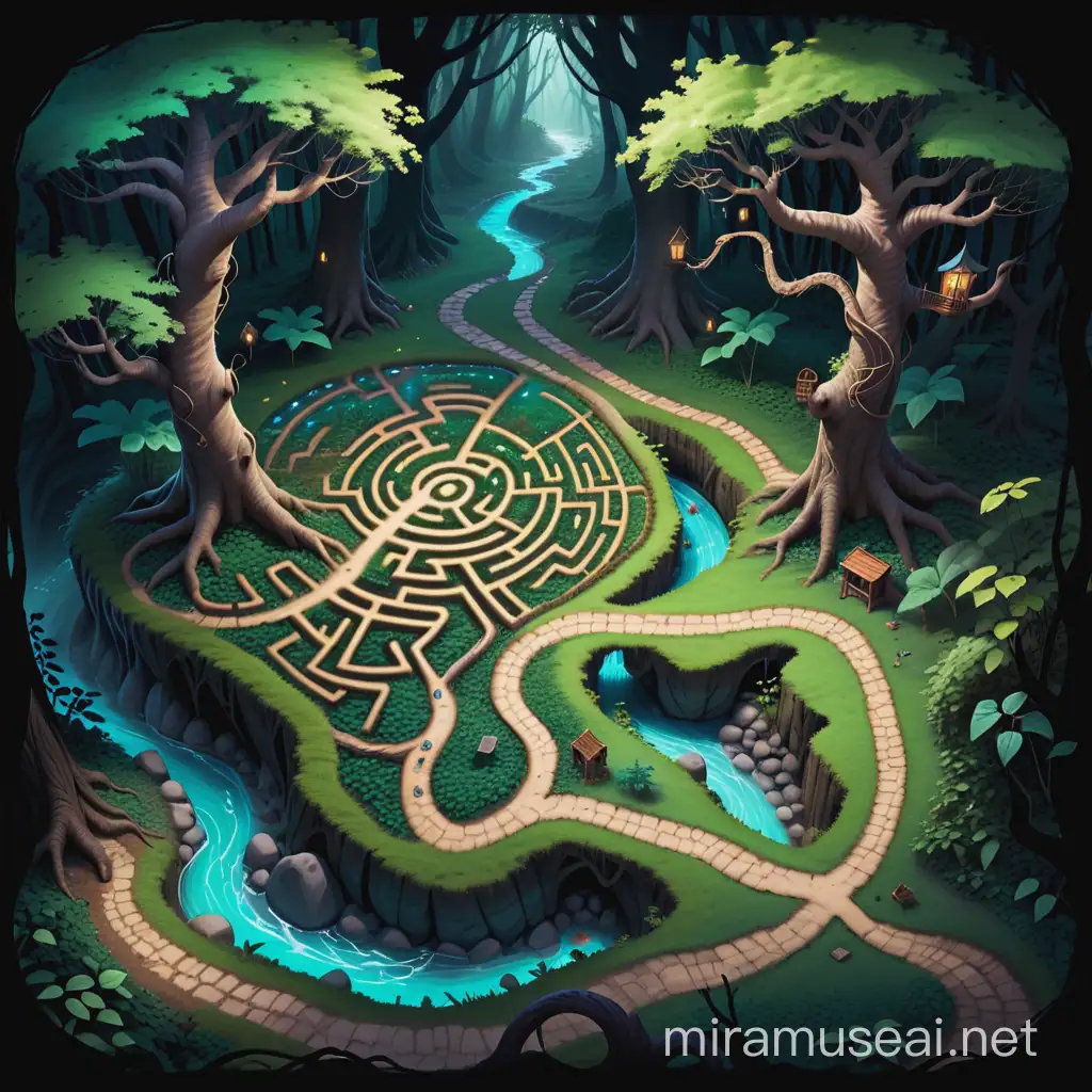 Eerie Forest Maze Twisting Paths Brambles and Elf Ruins