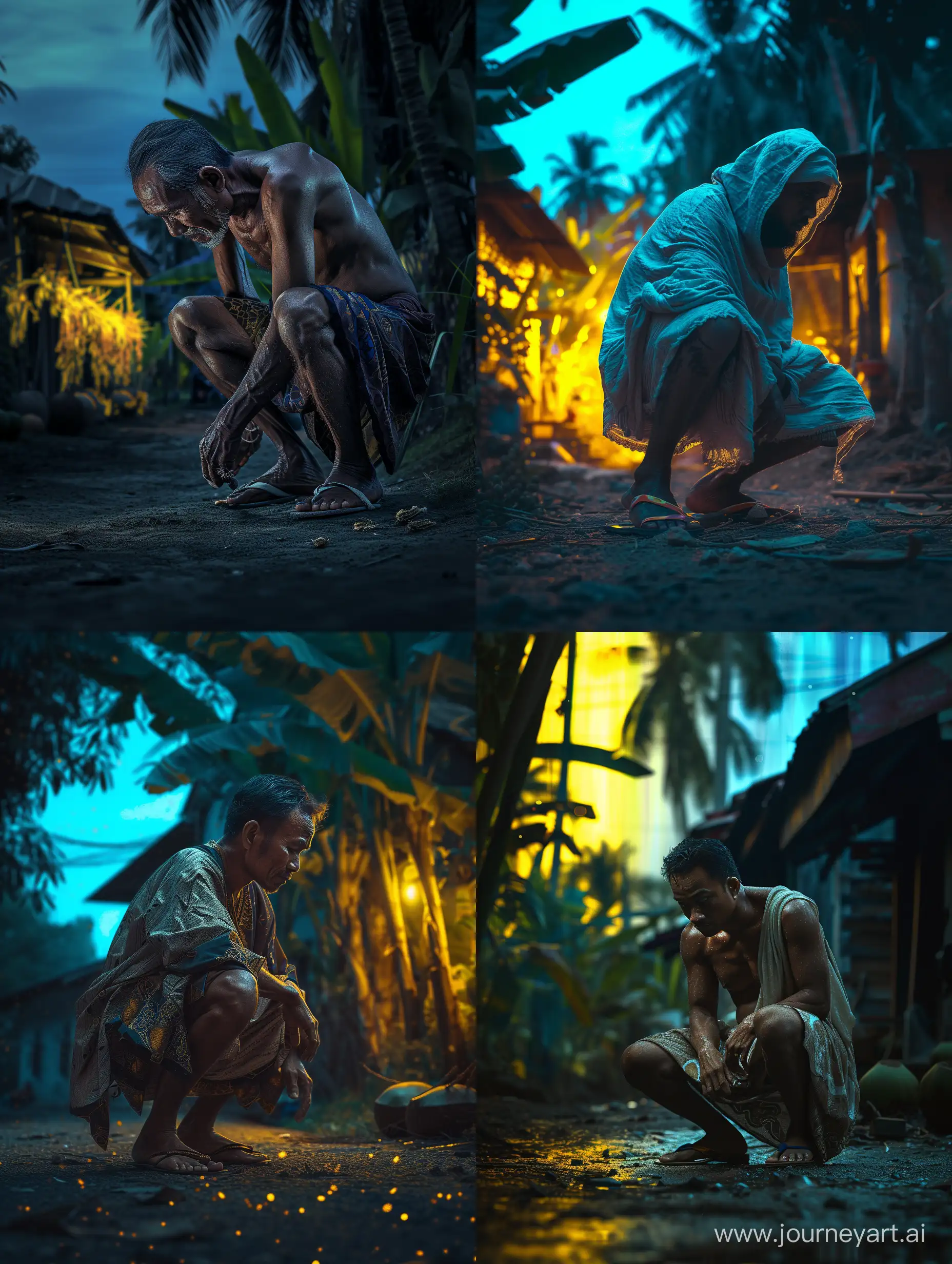 ultra realistic, a mighty man. wearing Malay clothes and sarong cloth, squatting and wearing sandals. walking in the dark dawn. behind there is only the refraction of yellow and blue lights. Malay village background. there are coconut trees and banana trees. canon eos-id x mark iii dslr --v 6.0