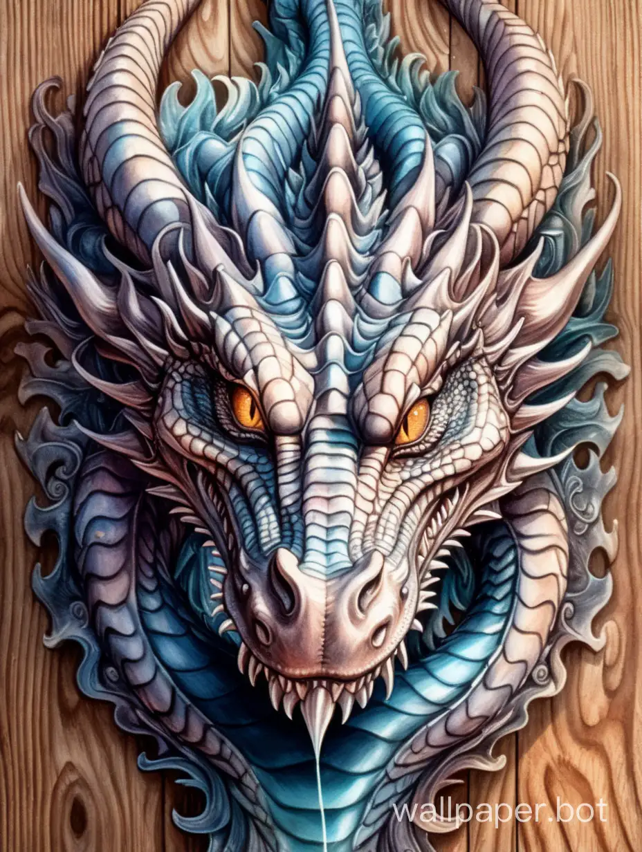 front head of dragon,  high contrast dripped fluid watercolor, wood texture, ornate detailed illustration, octane render, sticker style