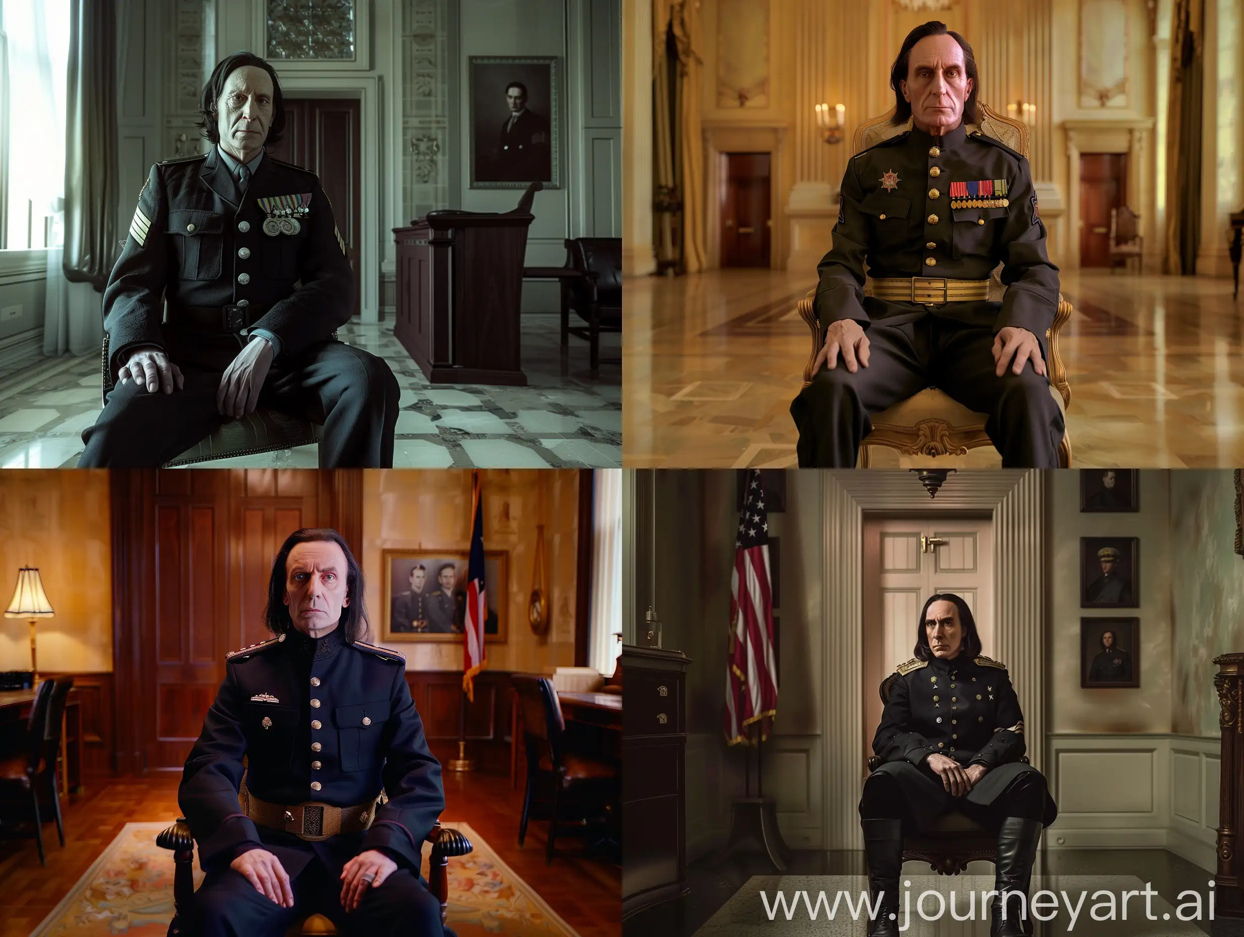 Severus Snape is in ww2 American military officer uniform and sitting on a chair in his officer room in Pentagon. he is looking at camera.real,4k