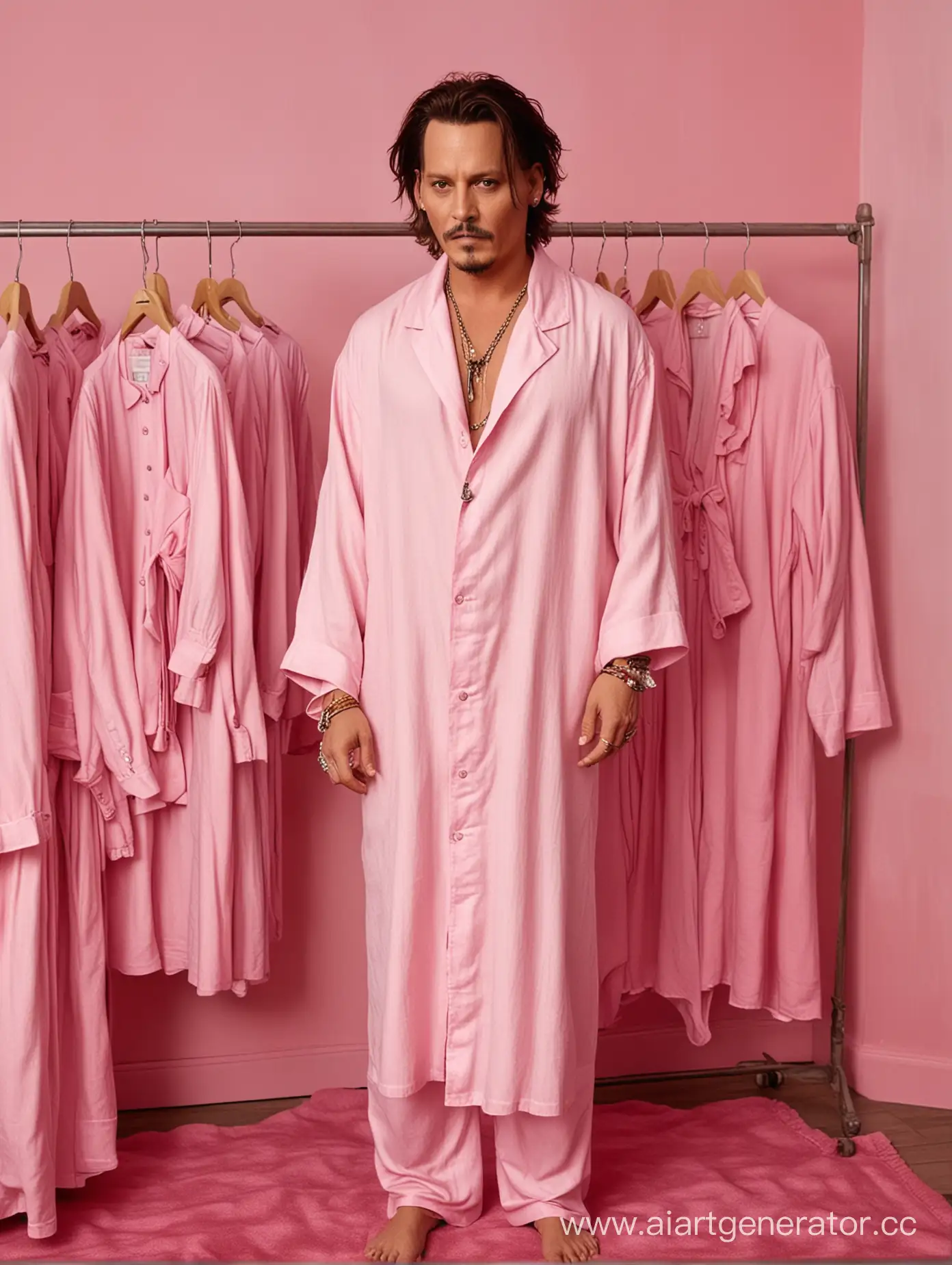 can you please make a realistic photo of johnny depp in a pink pijama in a pink room with a linen abayas hanging in a wardrobe