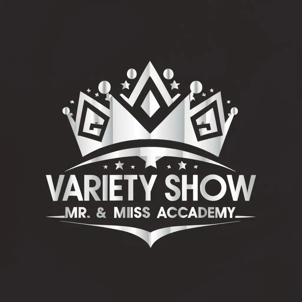 logo, WHITE AND SILVER PEOPLE CROWNS, with the text "VARIETY SHOW MR AND MISS ACADEMY", typography, be used in Events industry