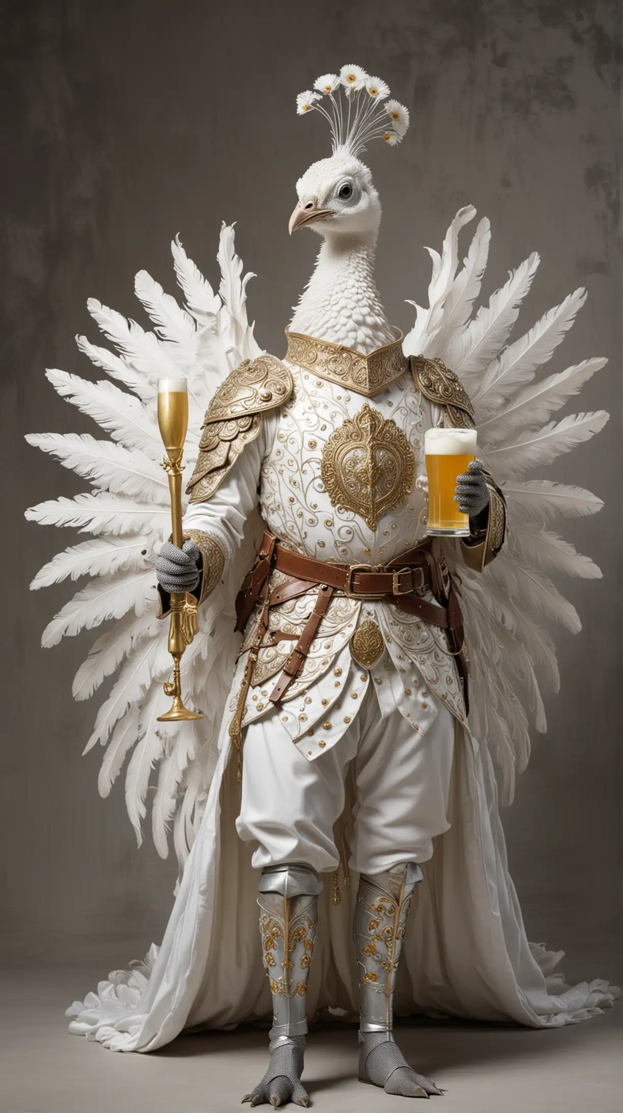 a white peacock dressed as a knight holding a white beer whole body