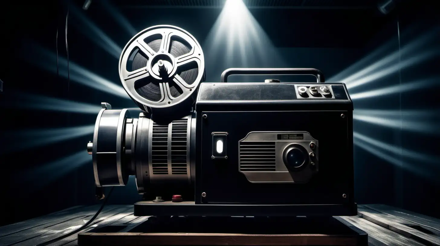 A generator that also appears to look like a film projector, muscular, company logo, professional, intense, dramatic, inside a projection booth background, company
 logo