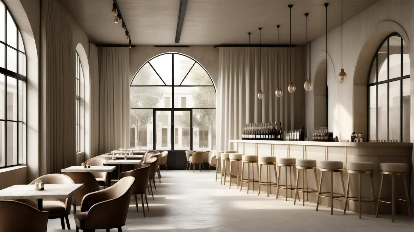 a hyperrealistic image of a classic contemporary large minimalist hotel-style cafe and bar; limewash walls in Bauwerk Bone; blonde oak;  brass; Large Window; Linen curtains;