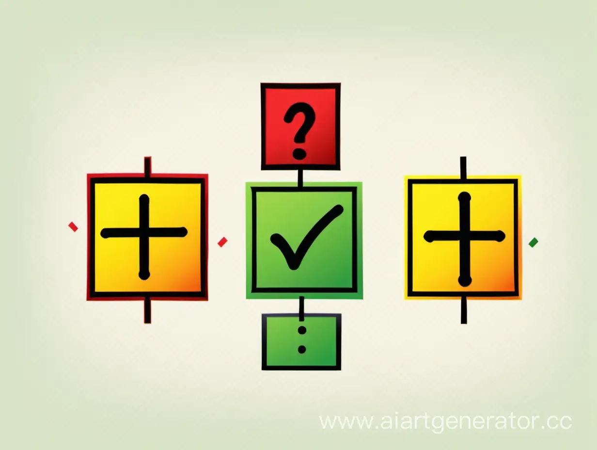 Нарисуй три квадратный значка с галочкой, крестом и вопросом, сделай из реалистичными и симметричными. Первый должен быть зеленый, второй красный и третий желтый