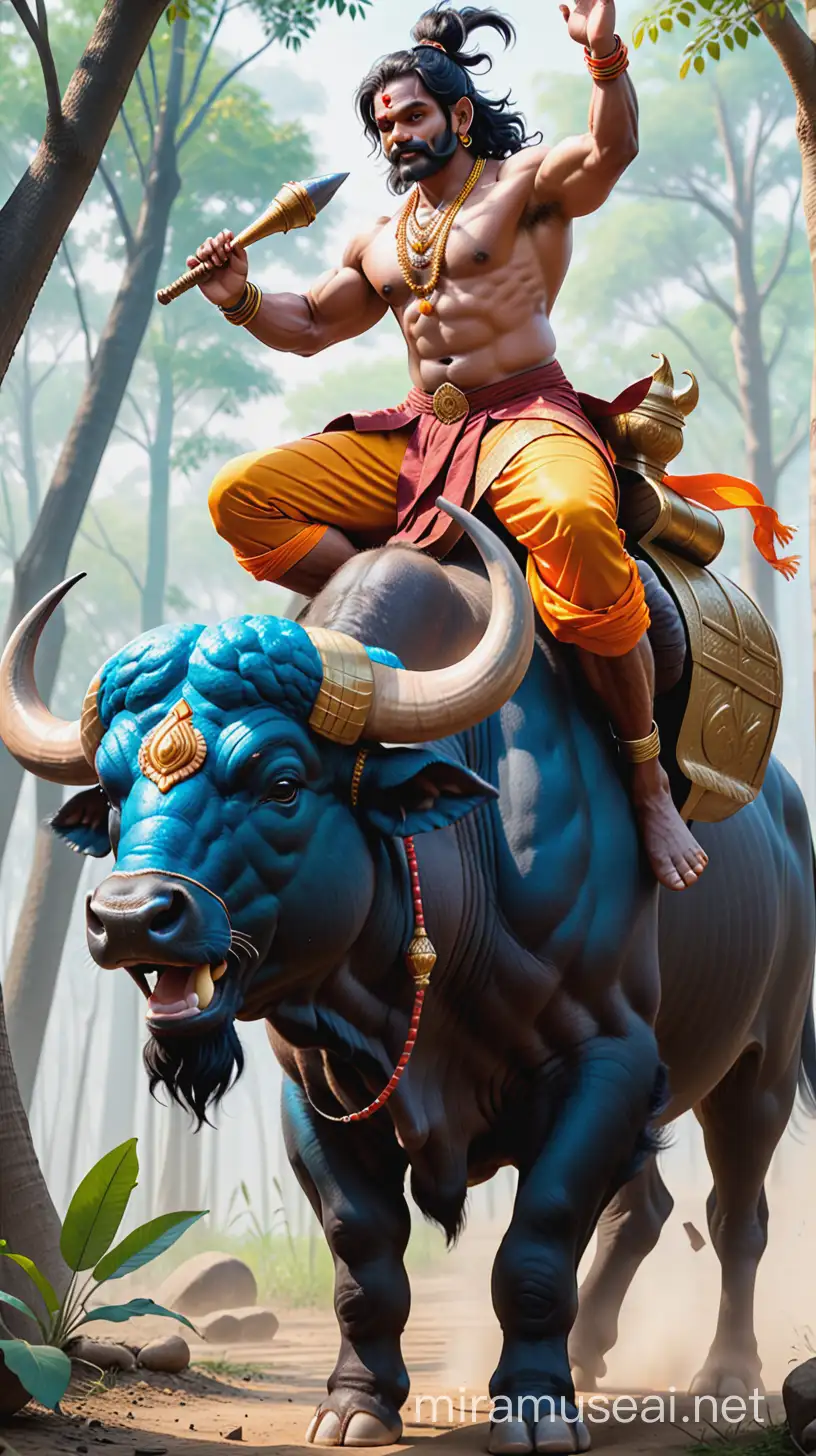 Yamraj Riding His Buffalo and Delivering Divine Judgment