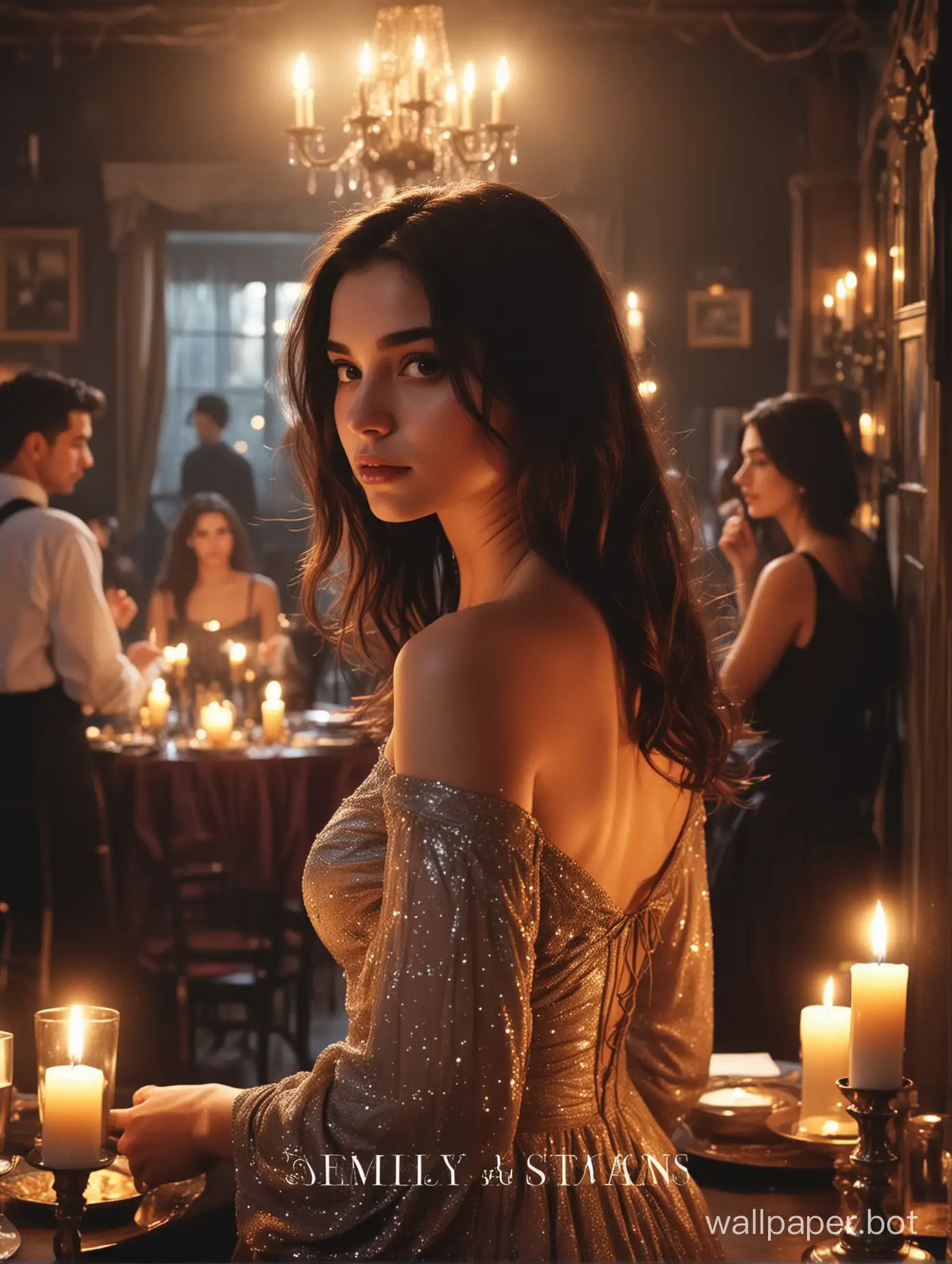 On the cover of the book is depicted a 19-year-old girl with thick, dark hair cascading down her back. She stands at a closed party in a restaurant, surrounded by noisy guests and bright candle lights. Her gaze is directed into the distance, as if she is searching for something or someone. The girl is dressed in a luxurious dress, emphasizing her slender figure and mysterious allure. The background of the cover may be dark, with reflections of light from candles and bright lamps, creating an atmosphere of mystery and magic.