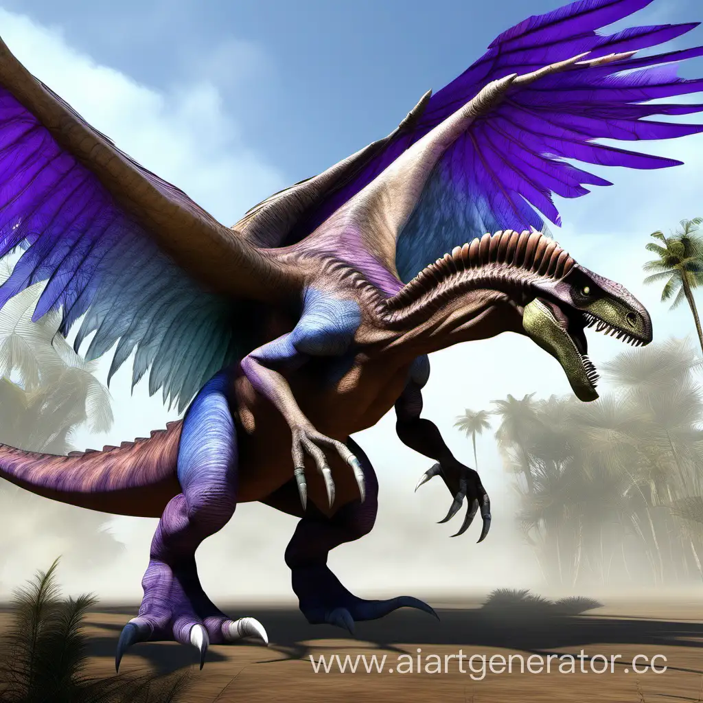 A giant bird-like dinosaur with 6 limbs,  brown in color, blue-purple feathers, large wings, four powerful paws