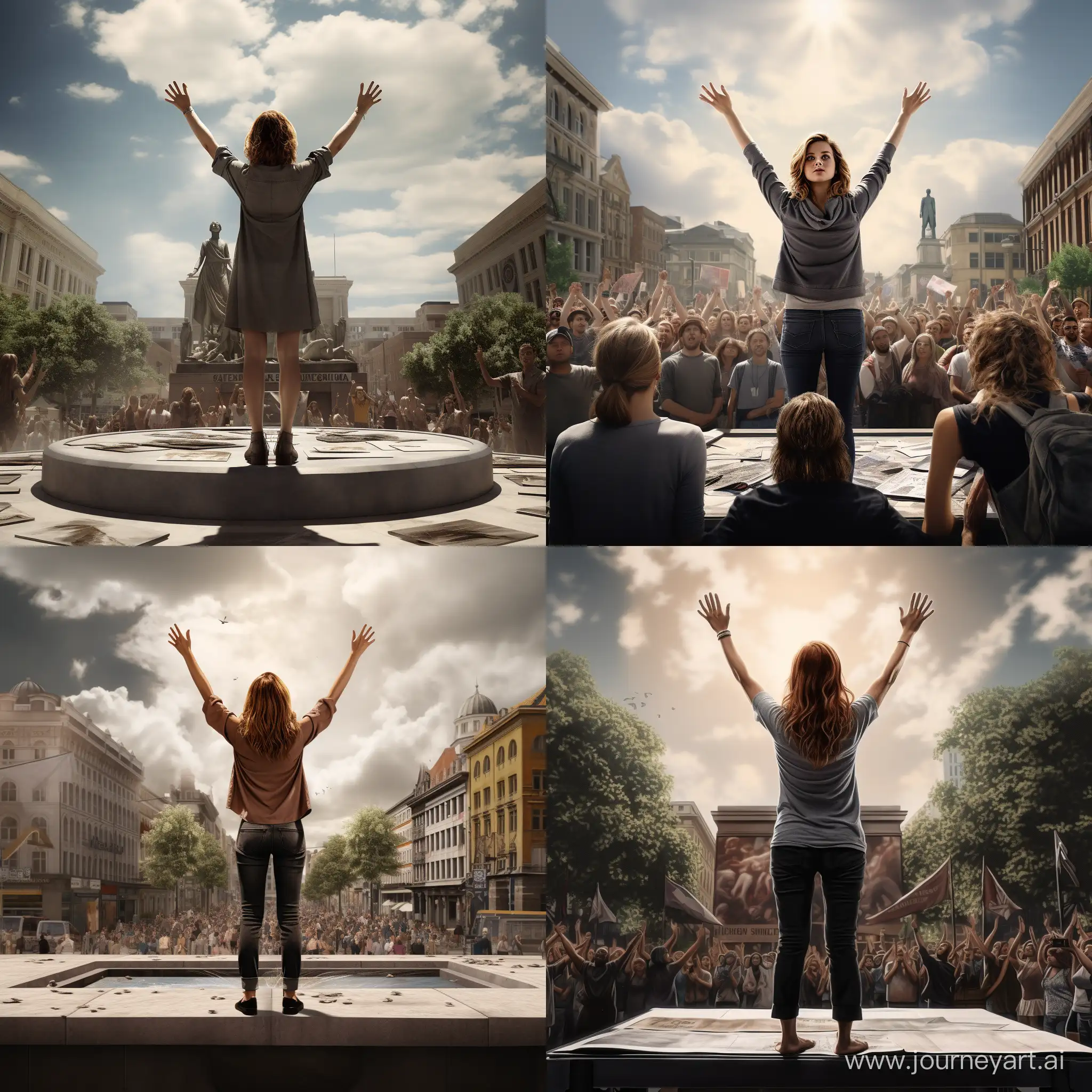 Девушка на площади, стоя в центре площади на постаменте,поднимает руки и созывает людей на борьбу, фотография, гиперреализм, высокое разрешение