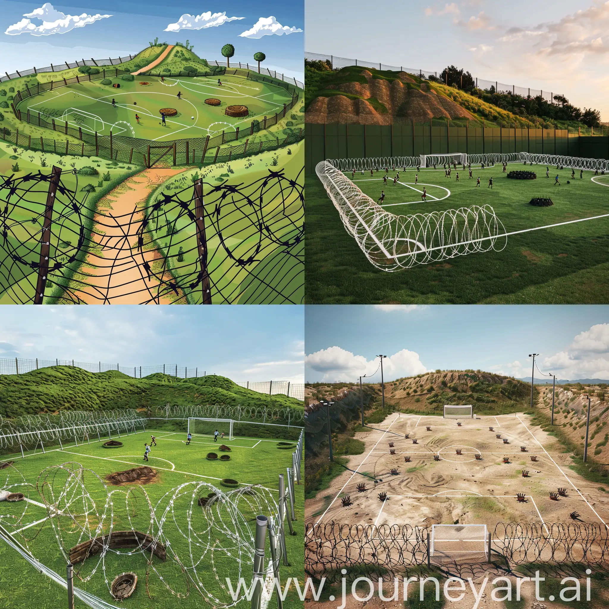 A soccer field with obstacles for players, hill, barbed wire, pit, trap