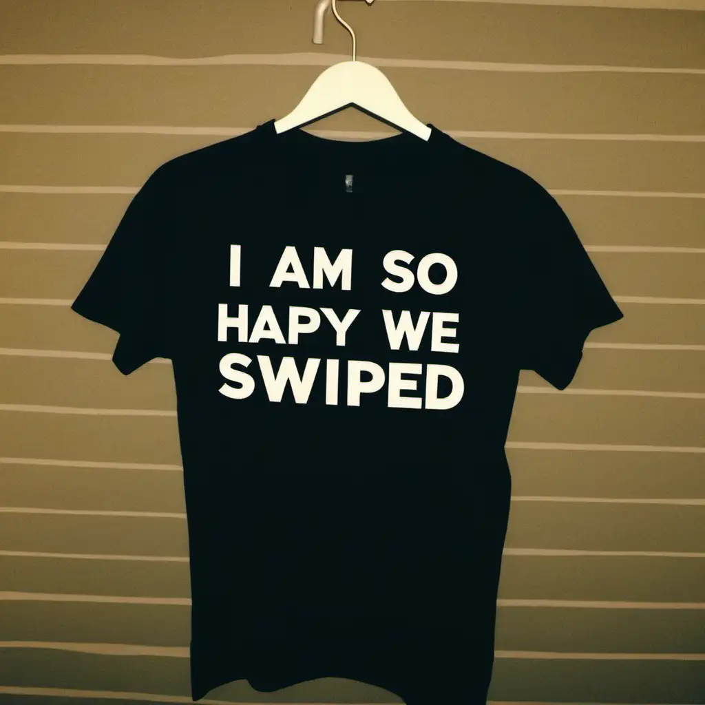 The words “I am so happy we both swiped right “ 
on a T-shirt
