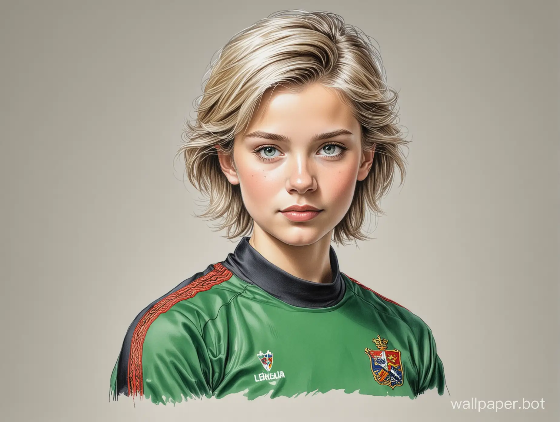 sketch of young Elsa von Liechtenstein with light short hair  4th breast size  narrow waist  in black-green  soccer  uniform on a white background   high-realistic drawing with colored markers studio photo portrait UHDR