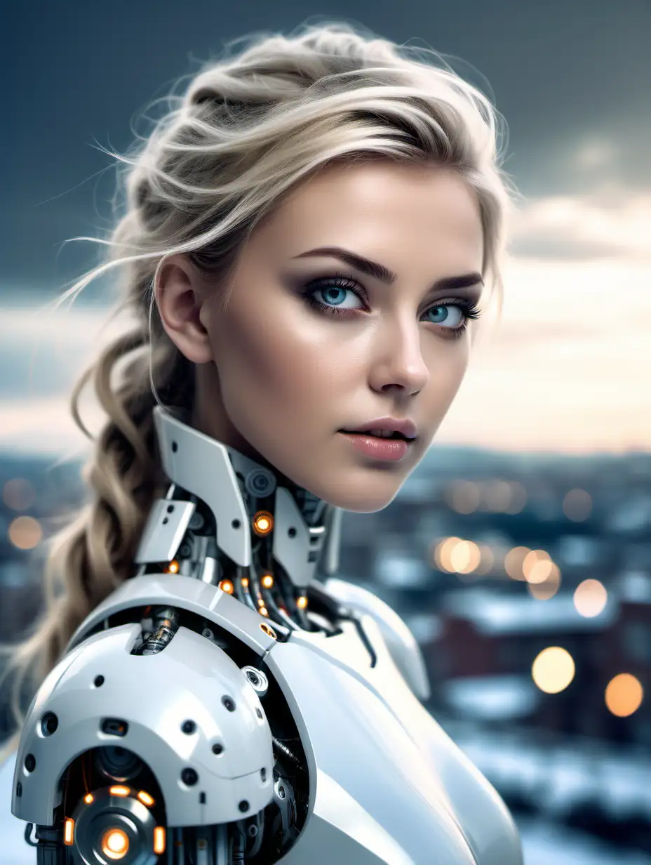 Generate an A, I, assistant with the body of a robot and the head of a Beautiful Nordic woman, very attractive face, detailed eyes, dark eye shadow, messy blonde hair, white LED lights, bokeh background, soft light on face, rim lighting, facing away from camera, looking back over her shoulder, standing in front of a snowy landscape with a futuristic city off in the distance, photorealistic, very high detail, extra wide photo, full body photo, aerial photo