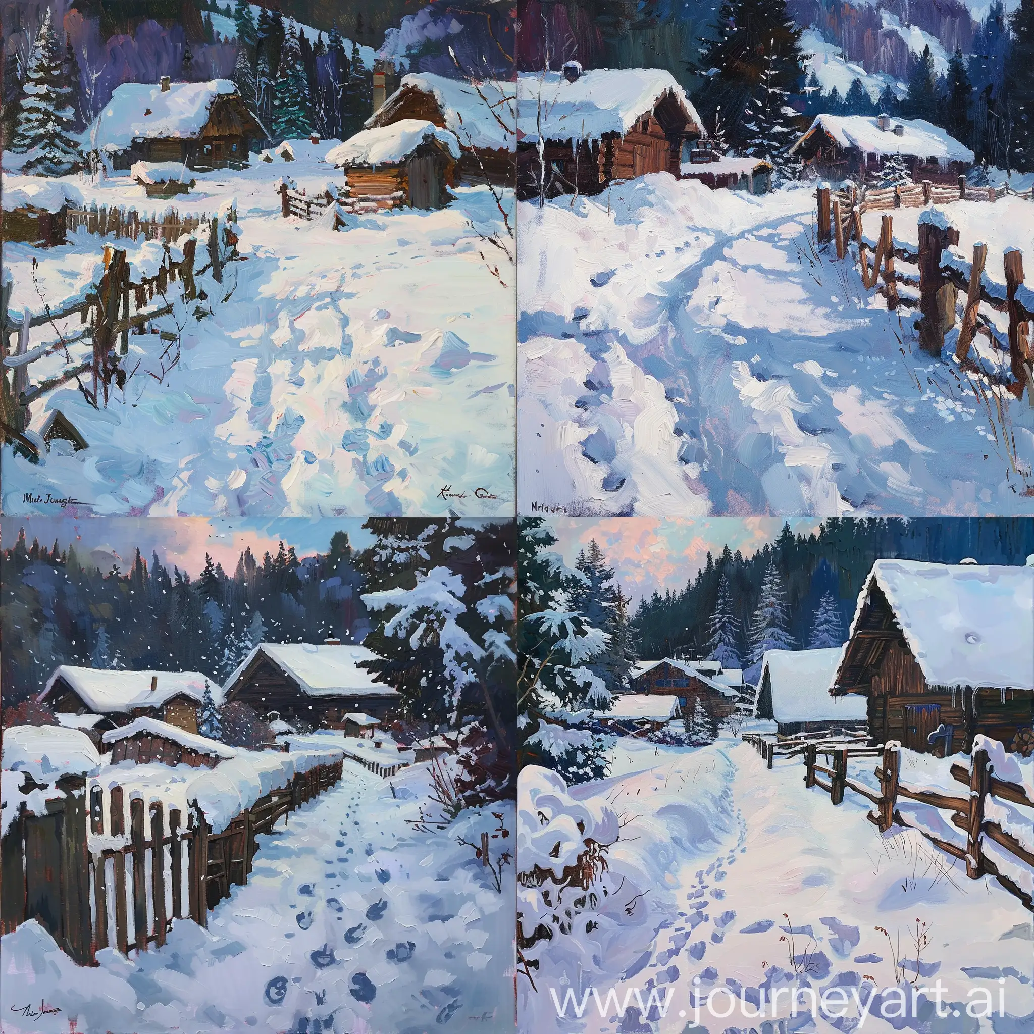 The oil painting depicts a serene winter landscape with a thick blanket of snow covering the ground and rooftops. The scene includes a wooden fence, footprints leading to wooden chalets, and a forest in the background. The colors used are various shades of white and blue for the snow, dark brown for the wooden elements, dark green for the trees, and pale blue with hints of purple and pink for the sky.

Here is a prompt for the Mid Journey app to recreate something similar:
"Create a serene winter landscape painting featuring a snowy scene with wooden fences, footprints leading to wooden chalets, and a dense coniferous forest in the background. Use shades of white, blue, dark brown, dark green, and pale blue with hints of purple and pink to capture the essence of a peaceful winter day. Pay attention to details like snow textures, wooden structures, and tree branches laden with snow."
--ar 16:6 --c 3