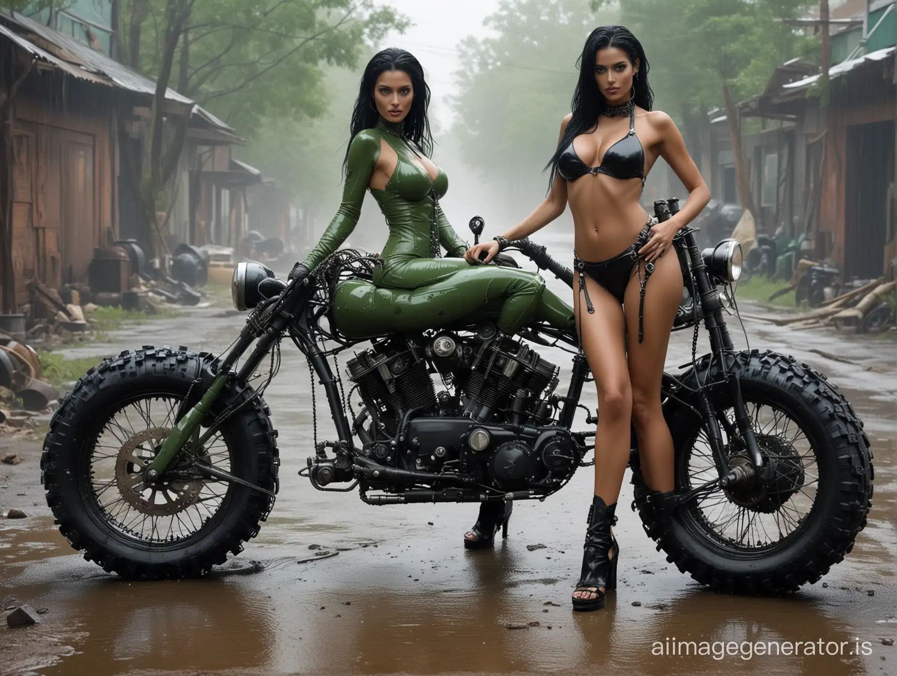 Yasmeen-Ghauri-in-Lovecraftian-Horror-Scene-with-Massive-Chained-Robotic-Engines-and-Harley-Fatboy-Bike