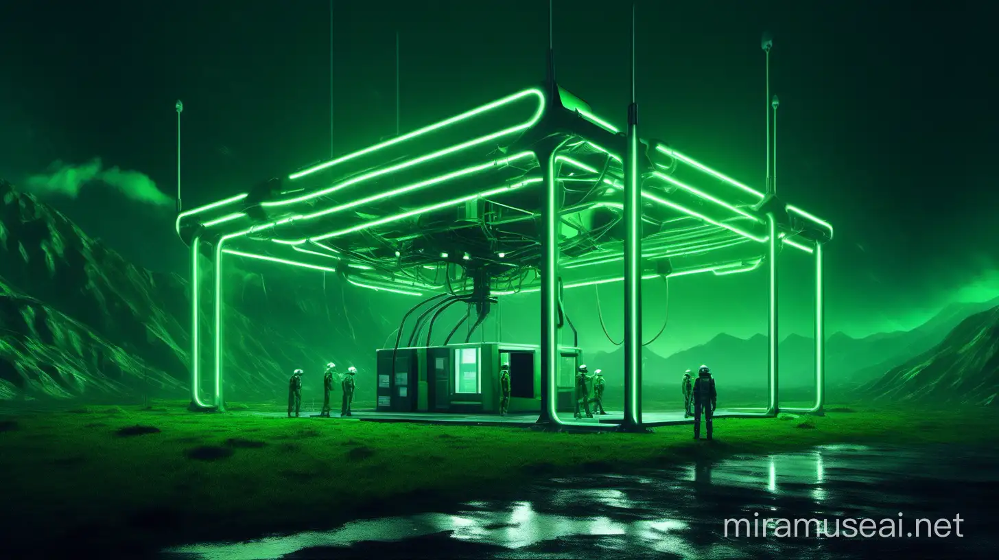 Realistic Research Center with Green Neon Lights in Rainy Weather