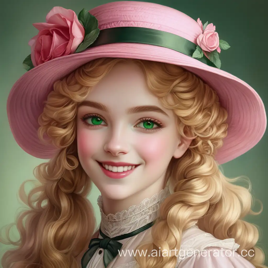 Портрет красивой викторианской девушки с розовой шляпкой, золотыми волосами, зелеными глазами, красными губами и улыбкой