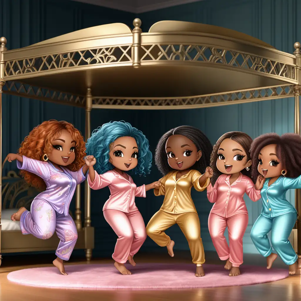 5 -hyperrealistic, stunning chibi curvy African American women dancing in front of a brass  canopy bed,   .each   woman wearing a different color satin pajamas with slippers to match.. Dancing, having a pajama party with friends .ultrawide zoom out View 