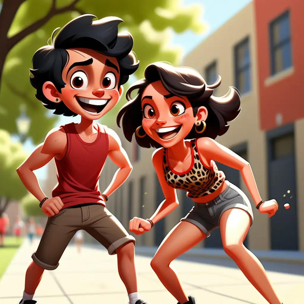 Enchanting storybook characters smiling having fun. Two people. Mexican boy with short black hair wearing red t-shirt. Brunette girl wearing leopard print tank top playing game of tag chasing each other on college campus 